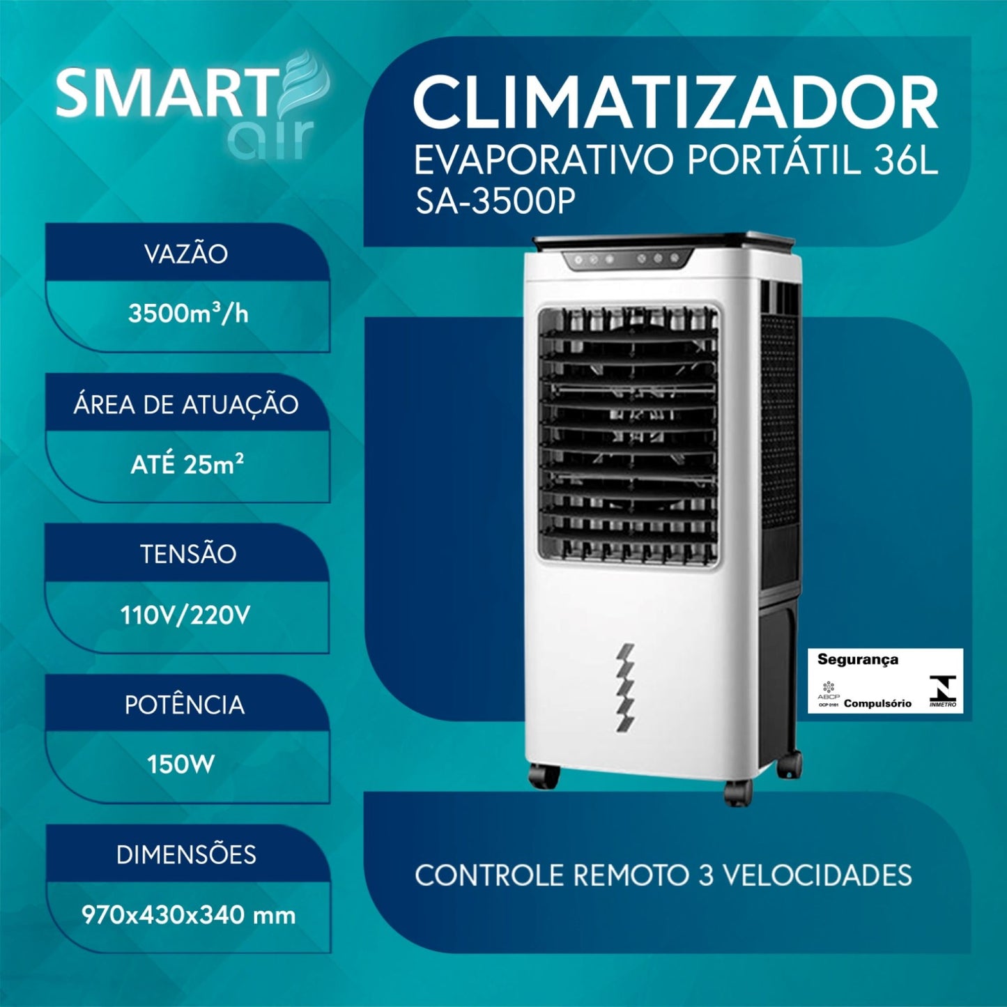 CLIMATIZADOR EVAPORATIVO PORTÁTIL 36L COM CONTROLE REMOTO- 110V
